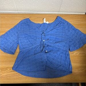 Perforated Tie-Front Blue Eyelet Blouse